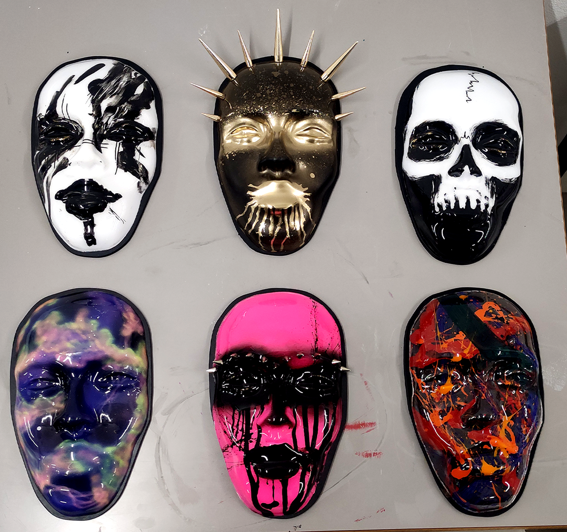 Six hand-painted persona masks — the NFC peripheral objects for the AILA installation