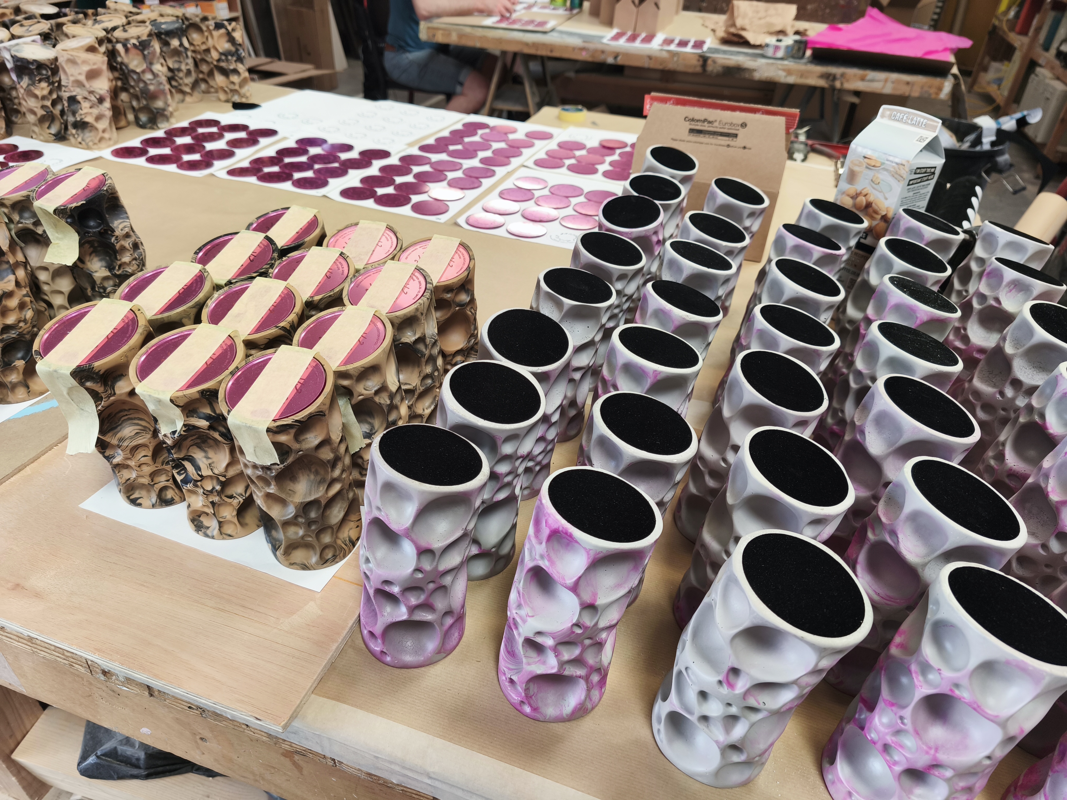 Multiple colourways of Creative Circle Awards in production