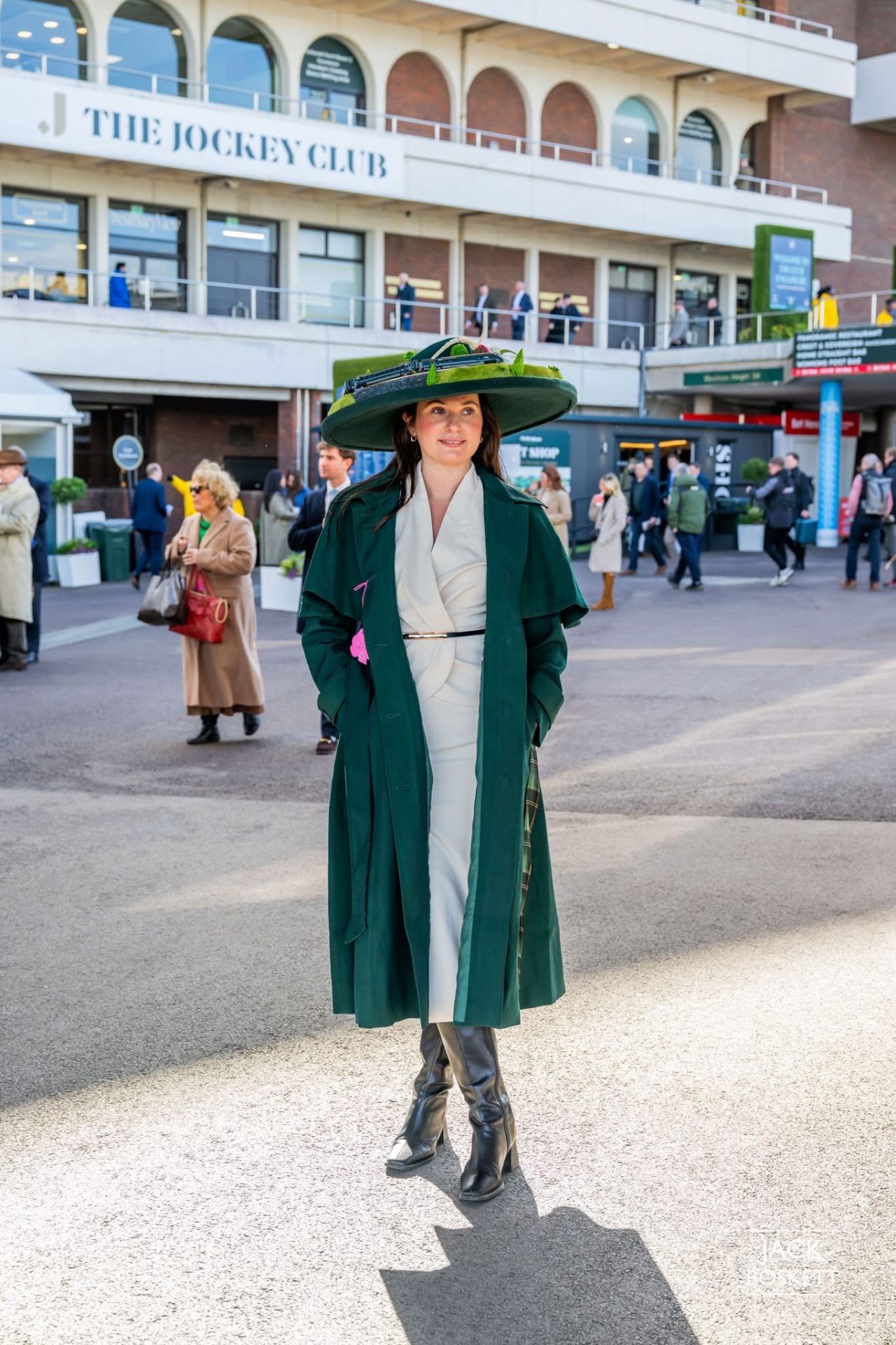 Full outfit shot outside the Jockey Club at Cheltenham Racecourse